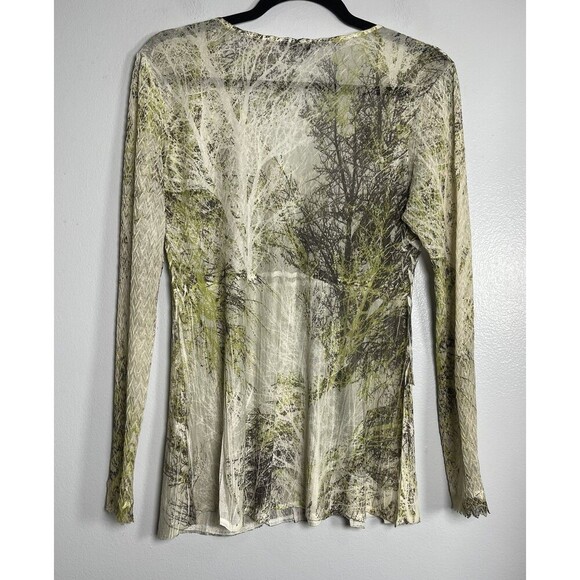 KOMAROV Crinkle Mesh Long Sleeve Shirt Medium Beige Green Retro Blouse Career - Picture 7 of 9